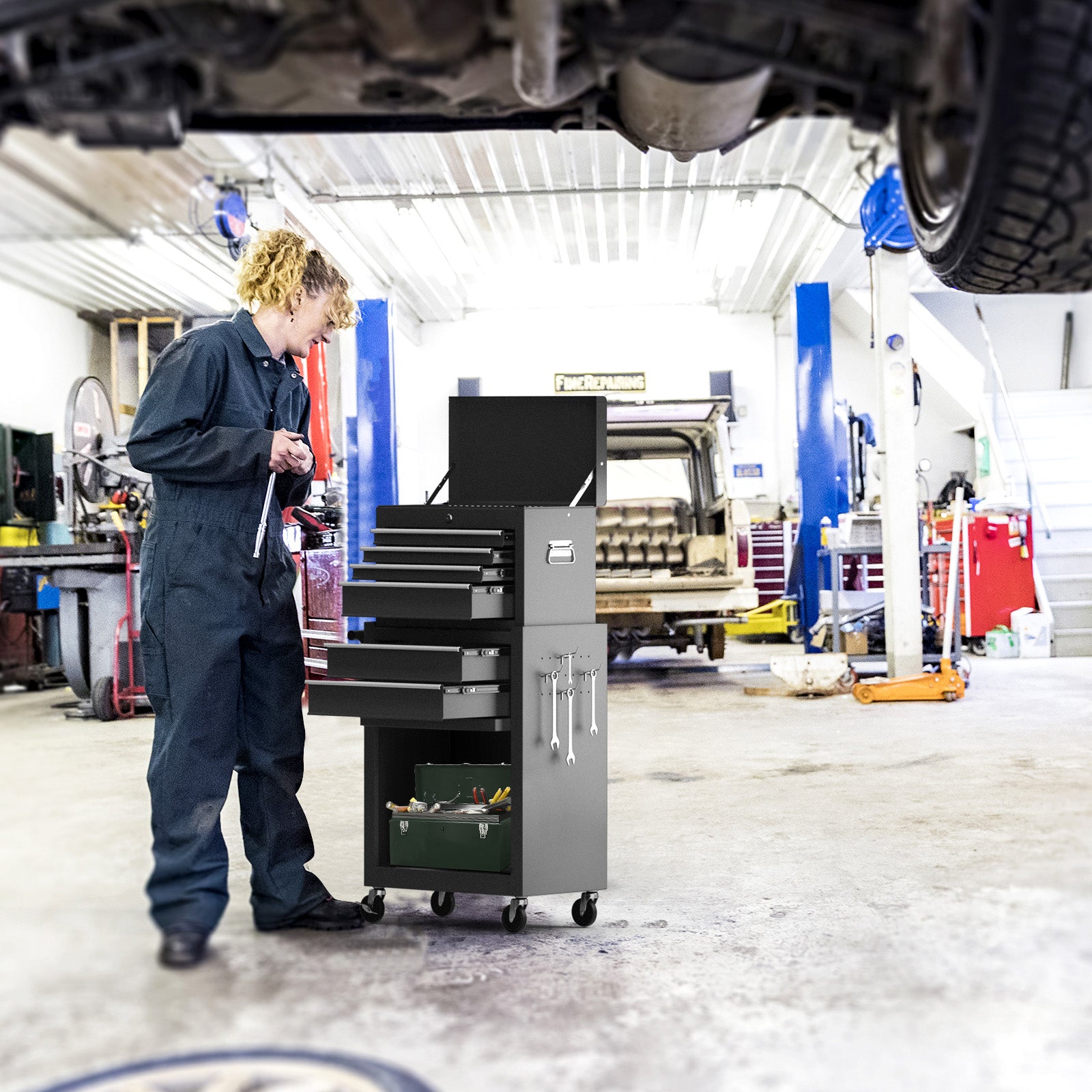 Detachable Tool Storage Cabinet with 4 Hooks and Wheels-Black