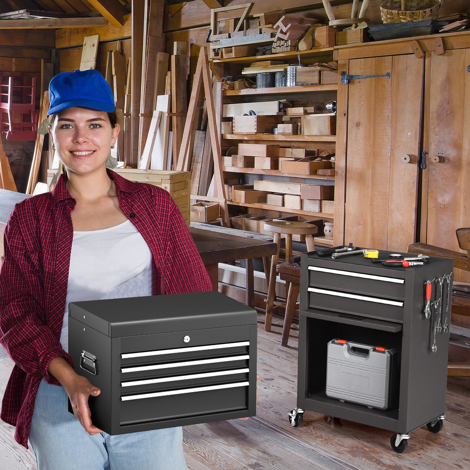 Detachable Tool Storage Cabinet with 4 Hooks and Wheels-Black