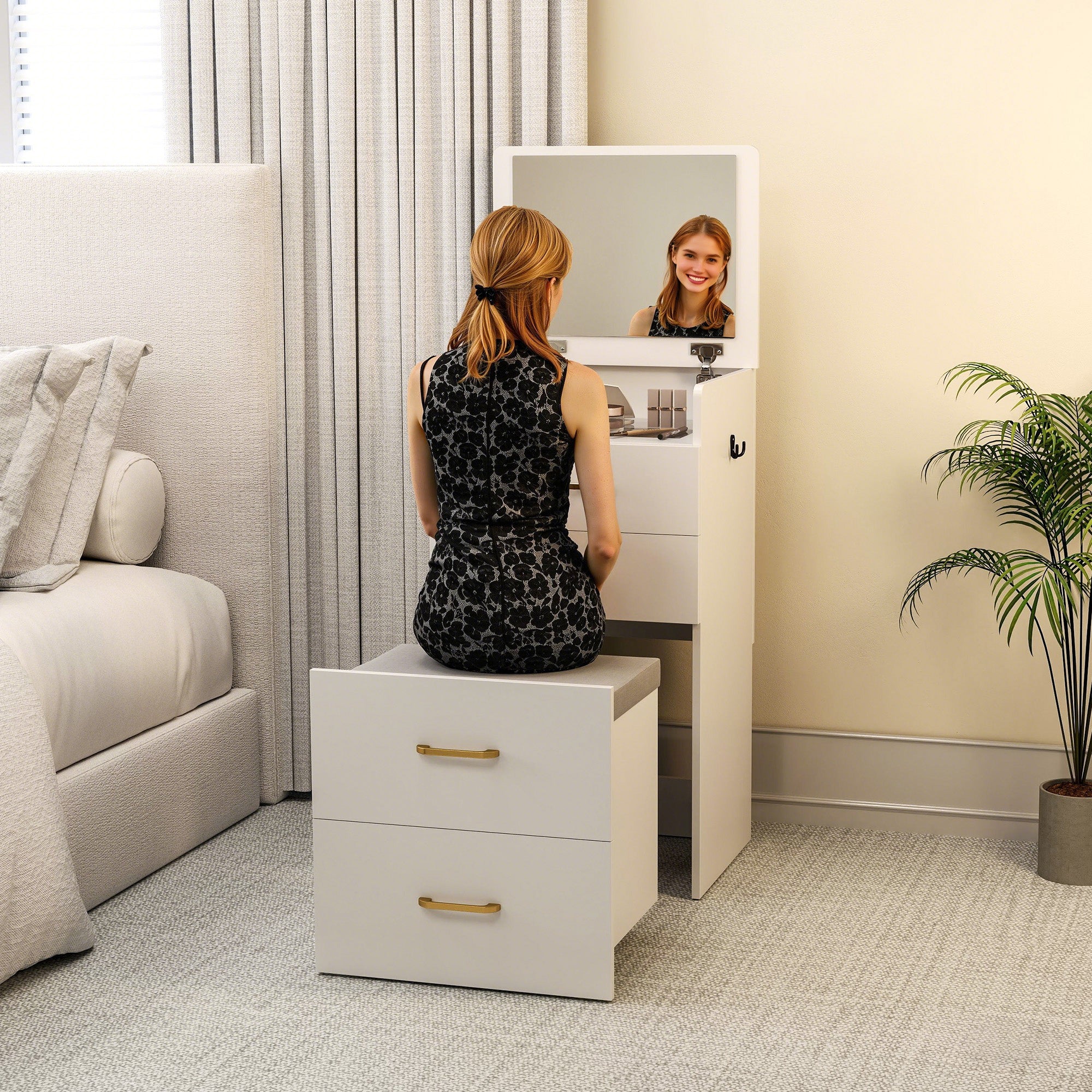 HOMCOM 3 in 1 Dressing Table with Flip-top Mirror and Rolling Stool, Modern Vanity Desk with Visible Glass Tabletop, Drawers and Side Hook, Makeup Table with Cushioned Storage Stool for Bedroom, White