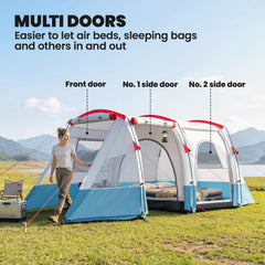 Outsunny 3 Person Tunnel Tent, Large Camping Tent with Bedroom, Living Room, Sewn-in Floor, 3 Doors, Carry Bag, 2000mm for Fishing, Hiking, Sports, Travelling, 510L x 240W x 180H cm, Blue