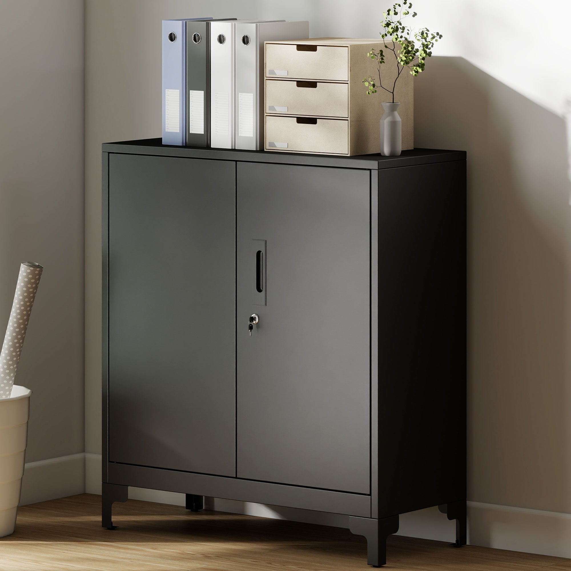 HOMCOM Lockable Metal Filing Cabinet, 2-Tier Storage Cupboard with Double Doors, Modern Office Organiser, Black