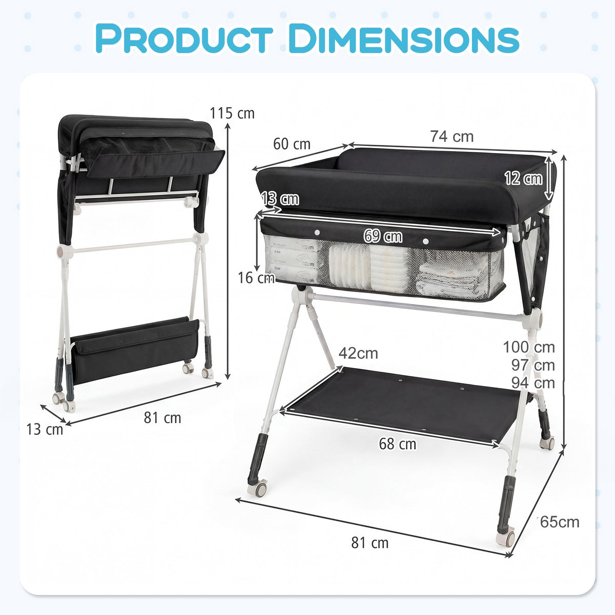 Product dimensions diagram for the black changing table