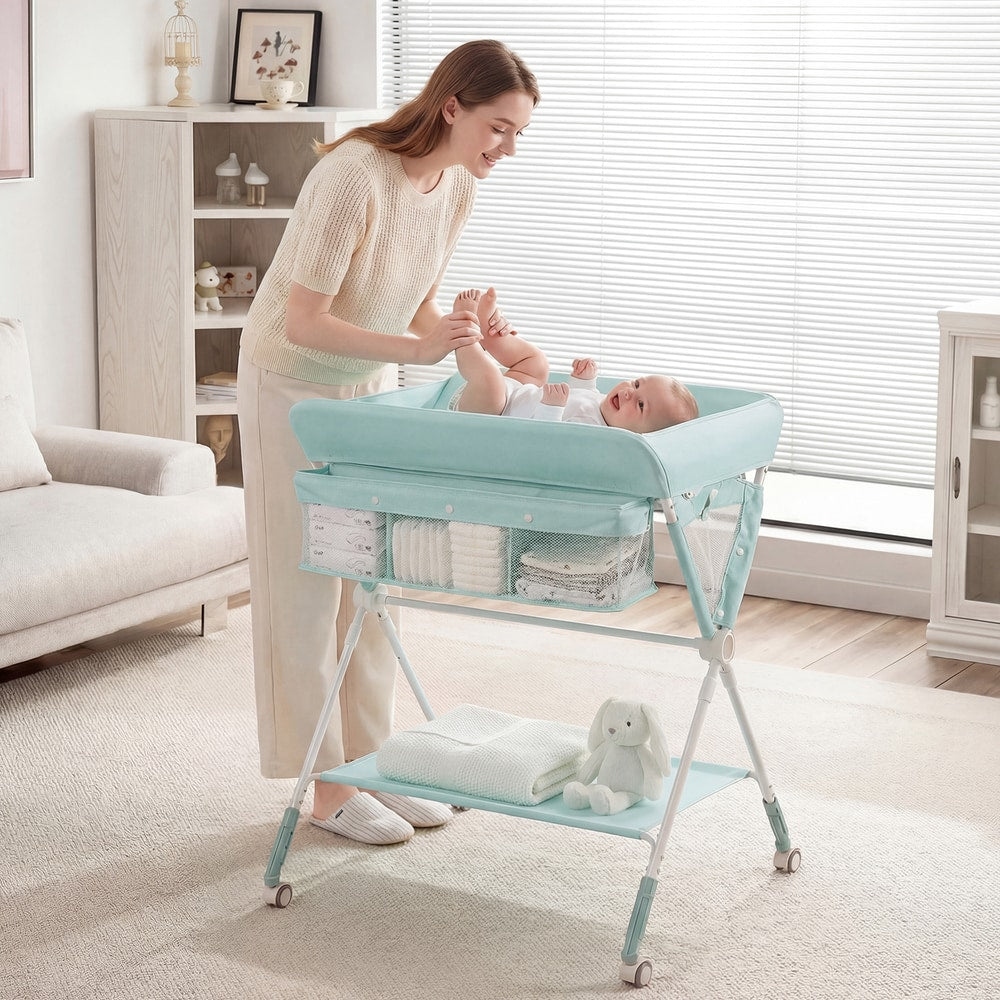 The changing table in use with a mother changing her baby in a bright living room
