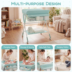 The changing table shown in various scenarios including bathing and drying clothes