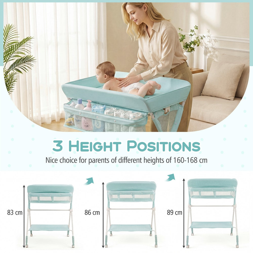 The changing table demonstrating three different height levels with measurements