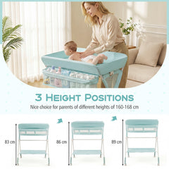 The changing table demonstrating three different height levels with measurements