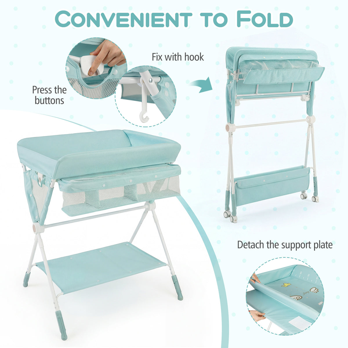 The changing table showing how to fold the frame and detach the support plate
