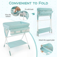 The changing table showing how to fold the frame and detach the support plate