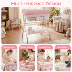 Collage showing the pink changing table used for changing, massage, bath time and hanging clothes