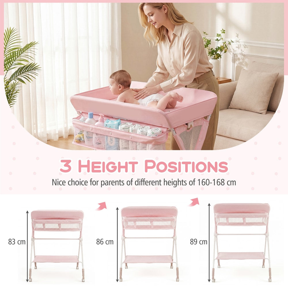 Pink changing table shown at three different height positions