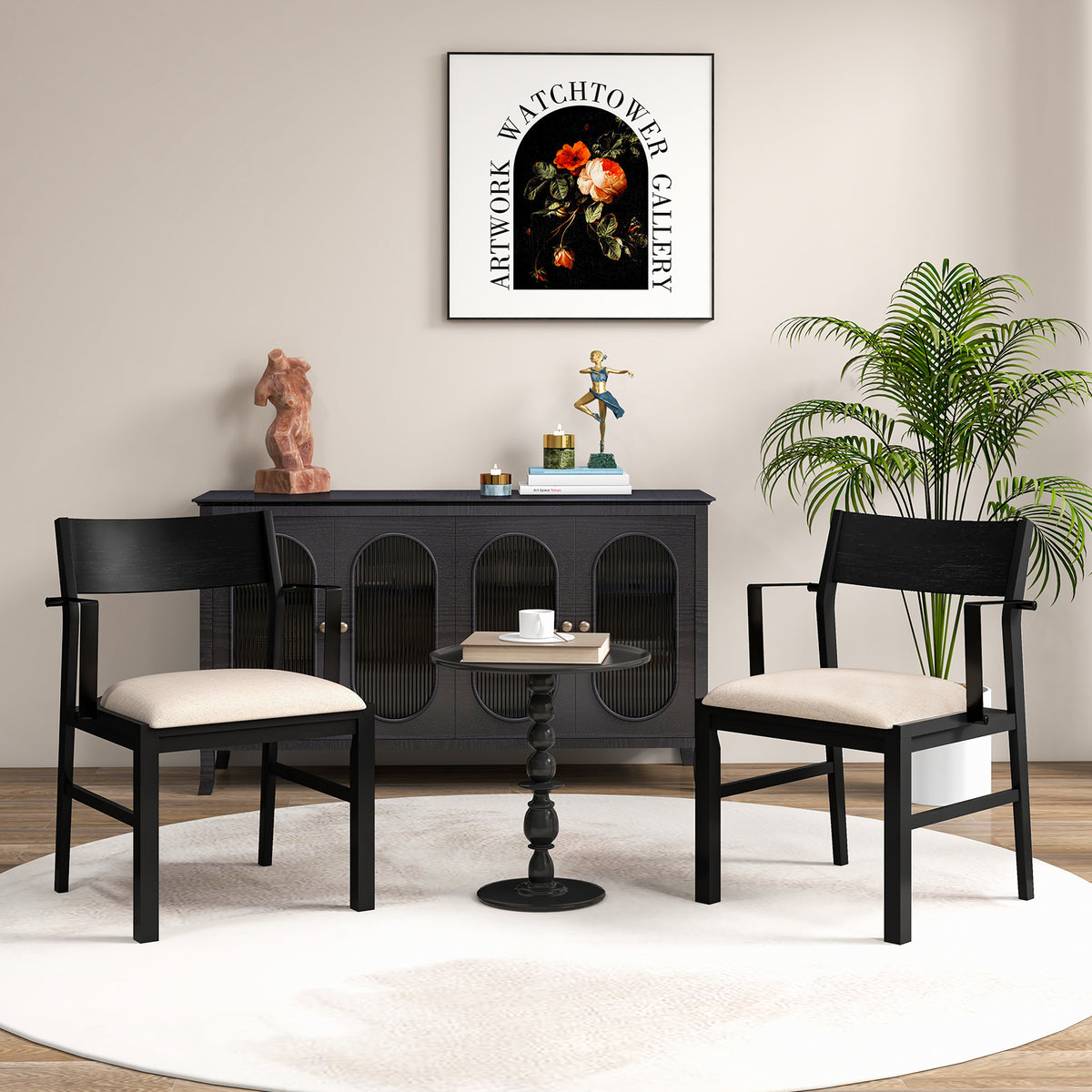 Dining Chair with Arms Set of 2 with Contoured Backrest and Padded Seat and Rubber Wood Legs- Black & Cream