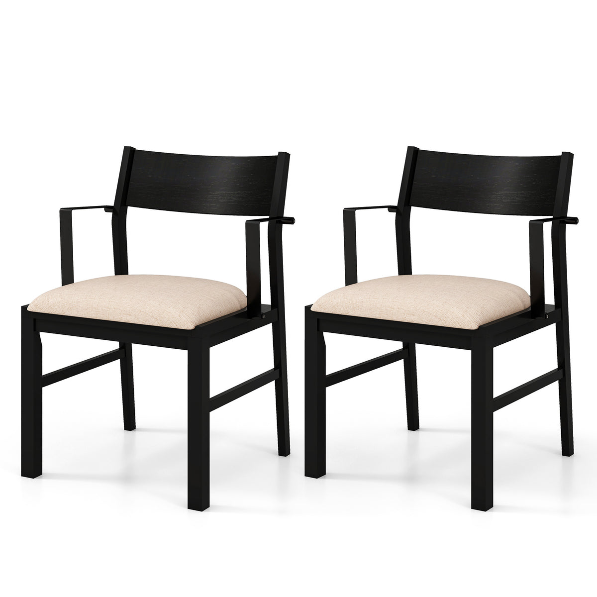 Dining Chair with Arms Set of 2 with Contoured Backrest and Padded Seat and Rubber Wood Legs- Black & Cream