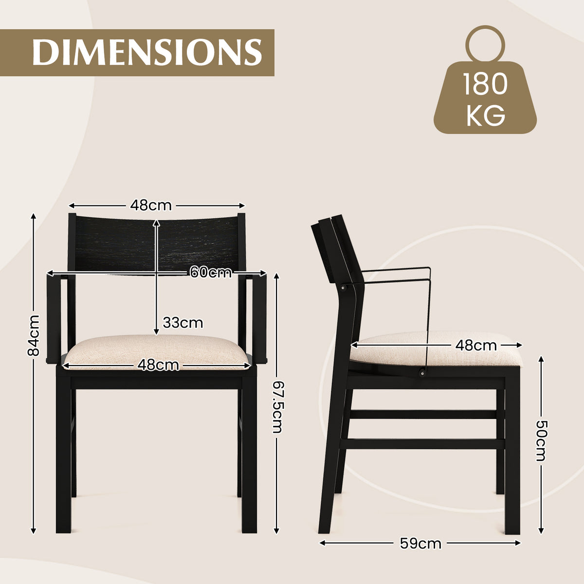 Dining Chair with Arms Set of 2 with Contoured Backrest and Padded Seat and Rubber Wood Legs- Black & Cream