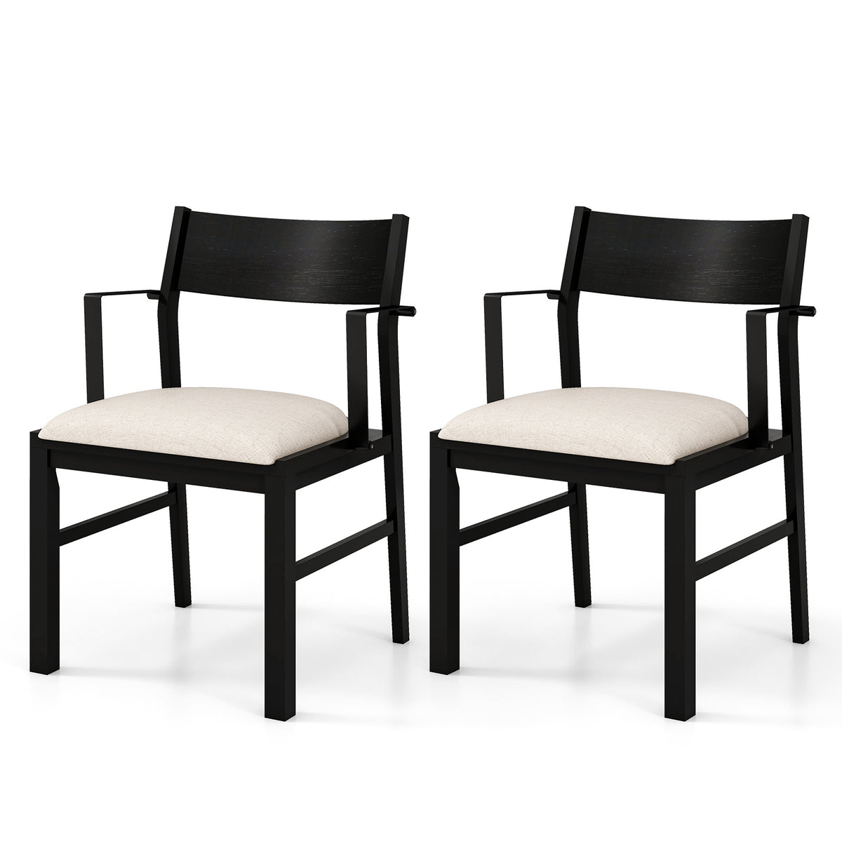 Dining Chair with Arms Set of 2 with Contoured Backrest and Padded Seat and Rubber Wood Legs-White