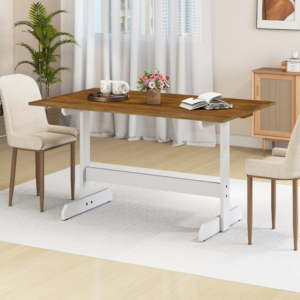 Dining Table for 4-6 People Rectangular Kitchen Table with Solid Wood Trestle Base-Walnut