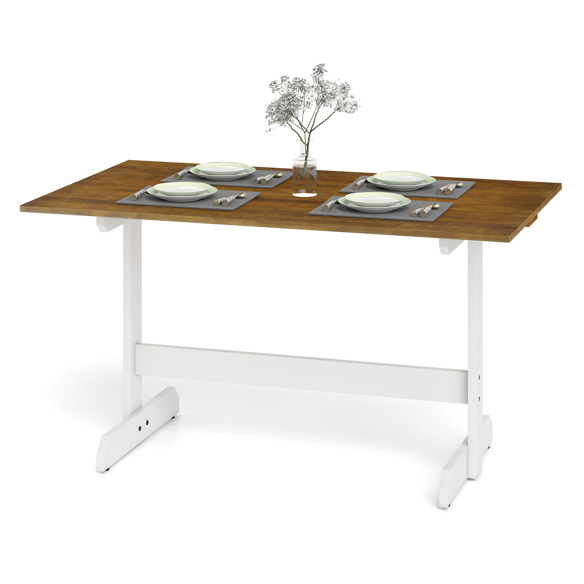 Dining Table for 4-6 People Rectangular Kitchen Table with Solid Wood Trestle Base-Walnut