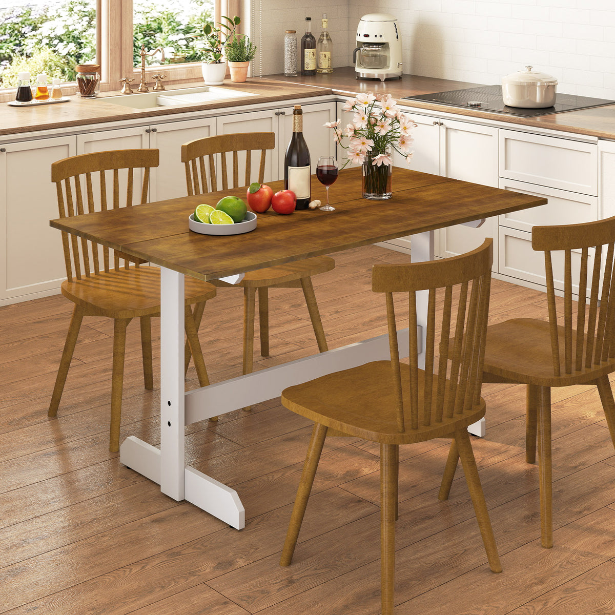 Dining Table for 4-6 People Rectangular Kitchen Table with Solid Wood Trestle Base-Walnut