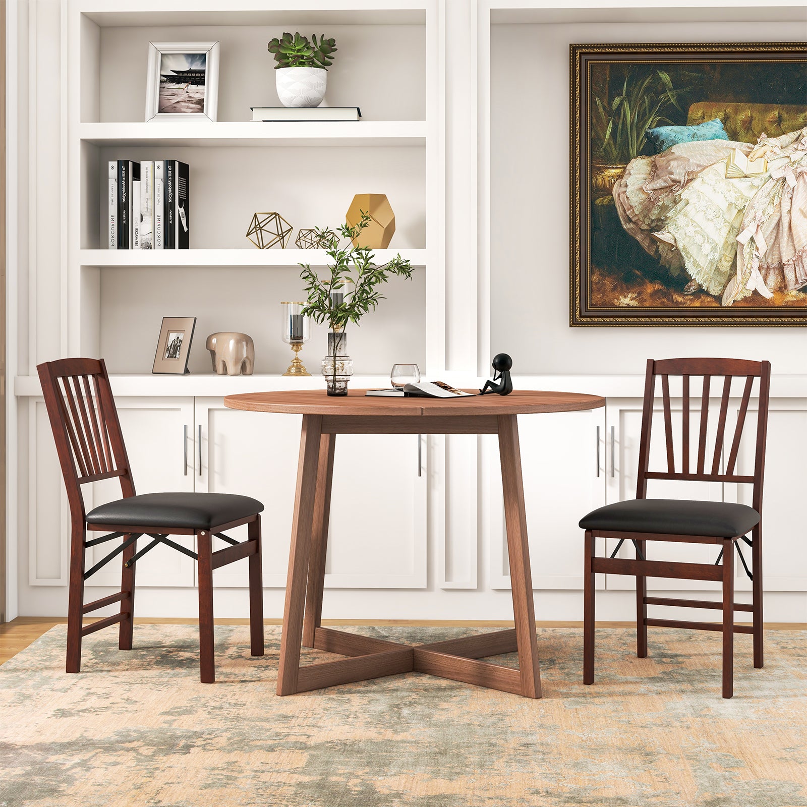 Folding Dining Chair Set of 2 with Padded Seat and Rubber Wood Frame-Brown