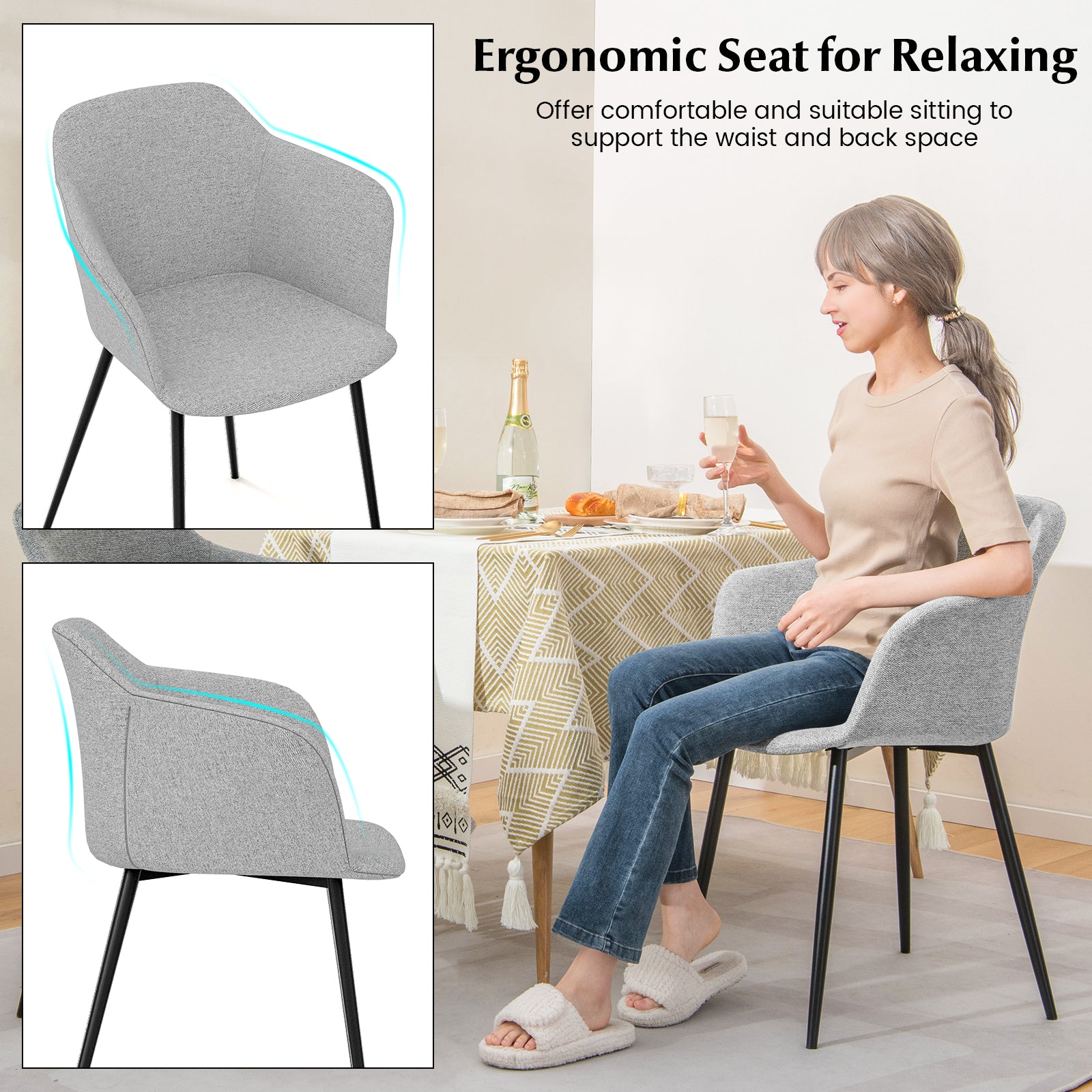 Dining Chairs Set of 2 with Ergonomic Backrest Design and Wide Armrest-Off-White