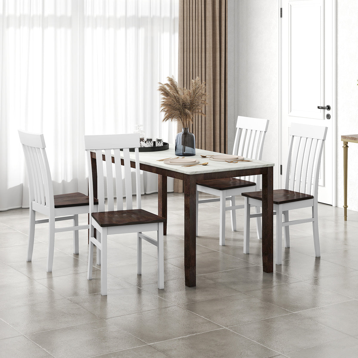 Dining Chairs Set of 2 with Hollowed Backrests and Rubber Wood Seats-Walnut & White