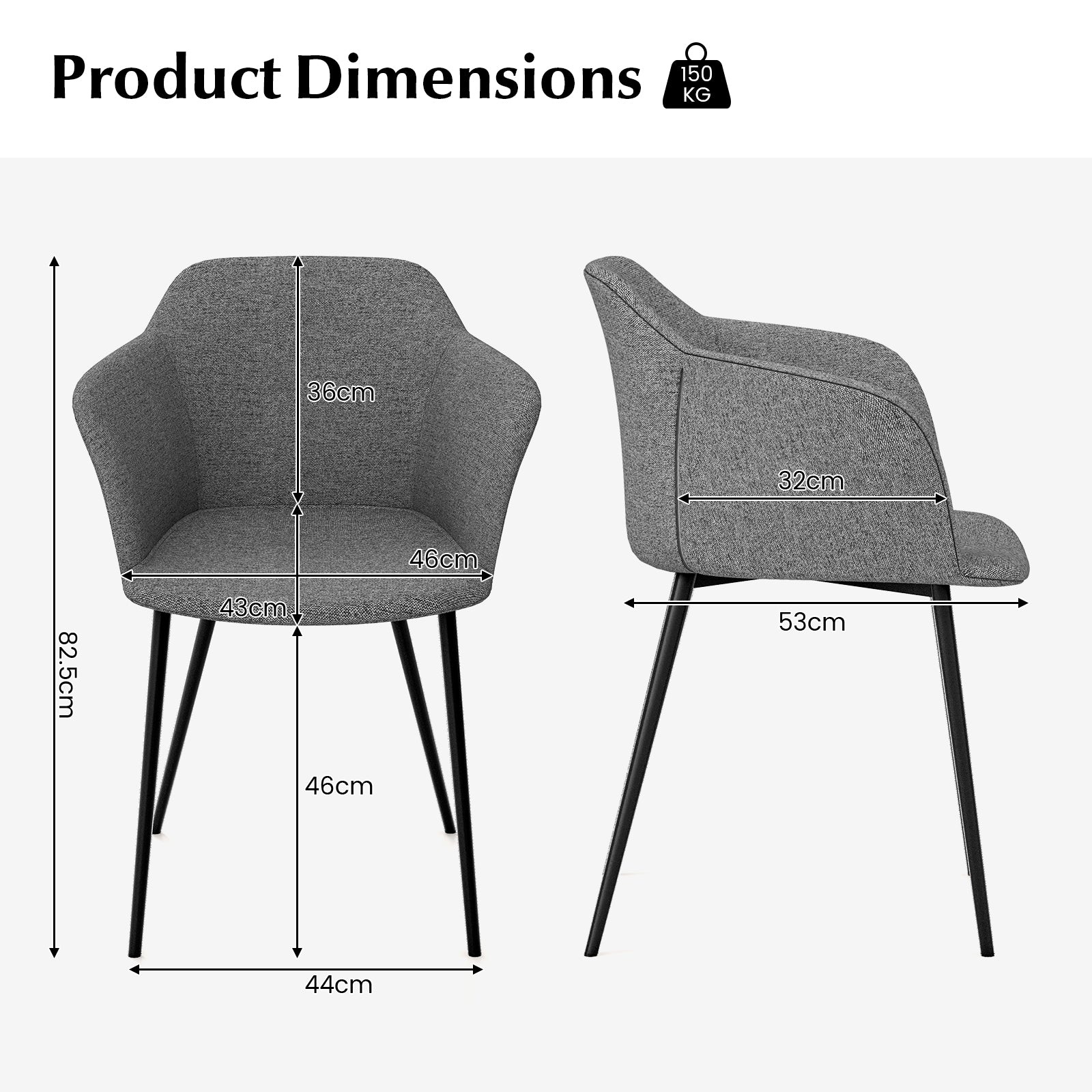 Dining Chairs Set of 2 with Ergonomic Backrest Design and Wide Armrest-Dark Grey