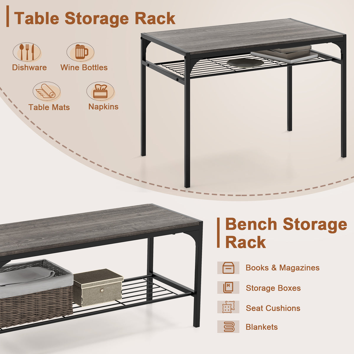 Dining Table Set for 4 with Storage Racks and Metal Frame-Grey