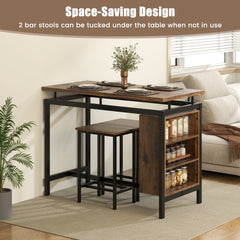 3-Piece Dining Table Set with 3-Tier Storage Shelf and Metal Frame-Coffee