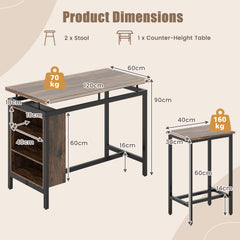 3-Piece Dining Table Set with 3-Tier Storage Shelf and Metal Frame-Coffee