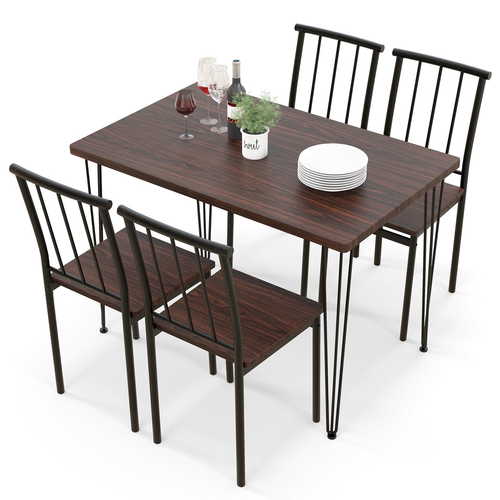 5-Piece Dining Table Set for 4 with Metal Frame for Home Restaurant-Walnut
