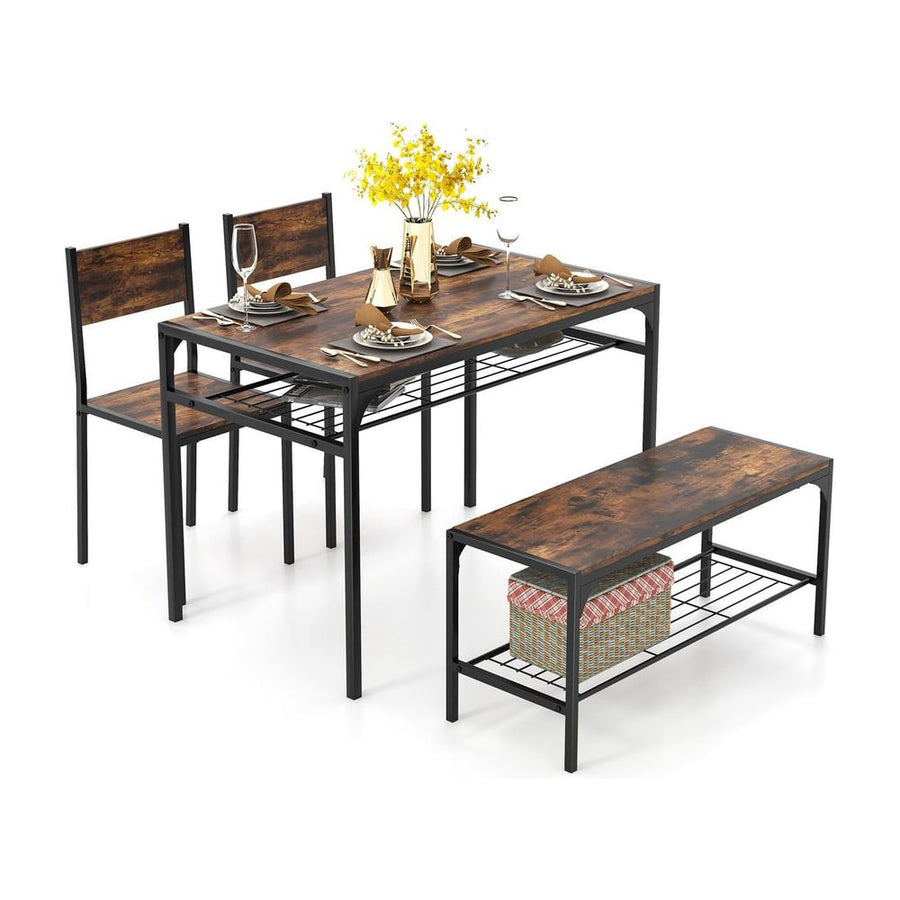 Dining Table Set for 4 with Storage Racks and Metal Frame-Rustic Brown