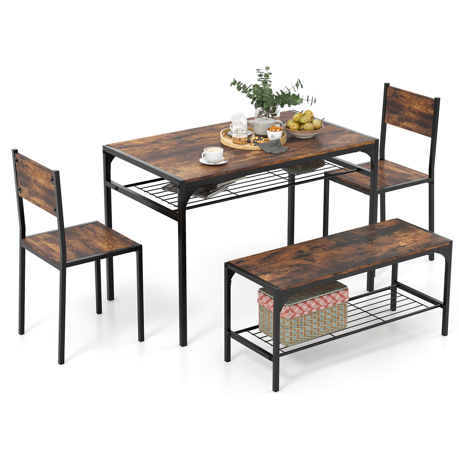 Dining Table Set for 4 with Storage Racks and Metal Frame-Rustic Brown