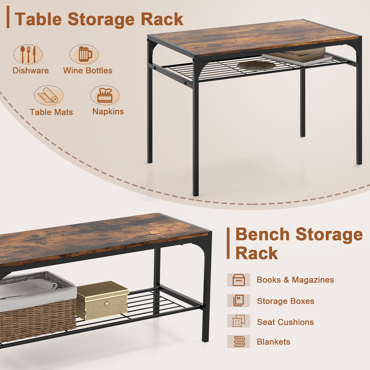 Dining Table Set for 4 with Storage Racks and Metal Frame-Rustic Brown