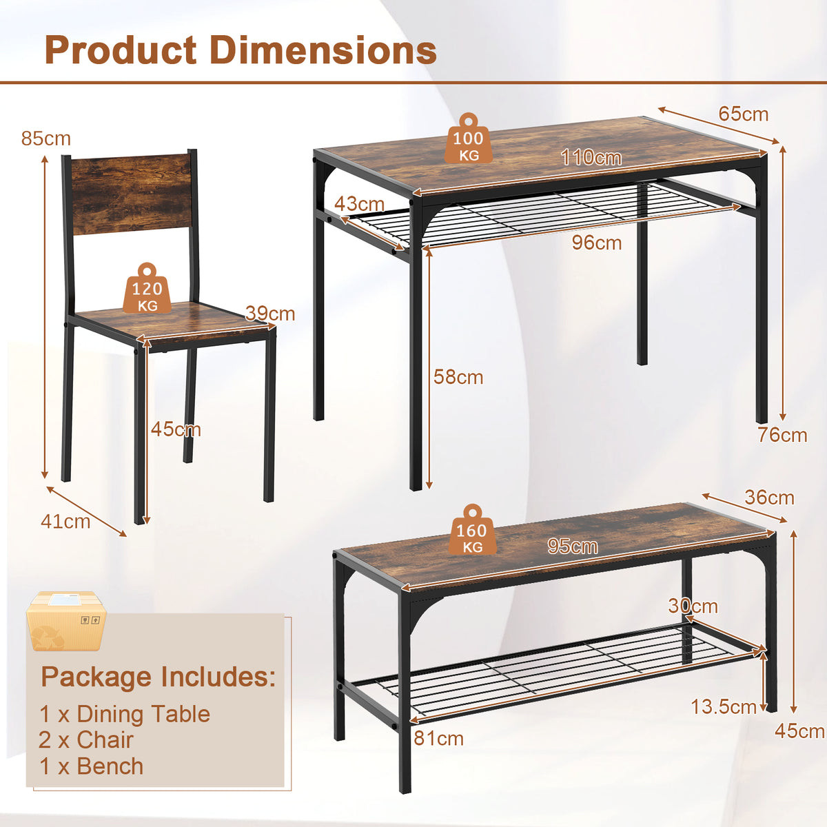Dining Table Set for 4 with Storage Racks and Metal Frame-Rustic Brown