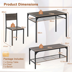 Dining Table Set for 4 with Storage Racks and Metal Frame-Grey