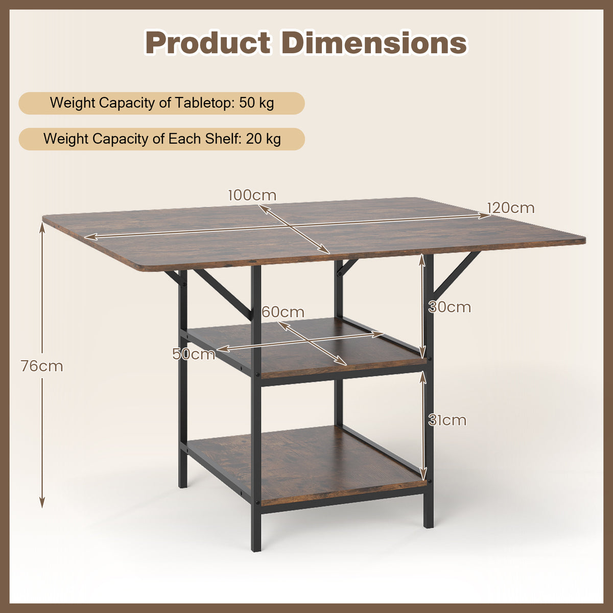 Dining Table for 4-6 Rectangular Dining Table with 2 Open Storage Shelves-Brown