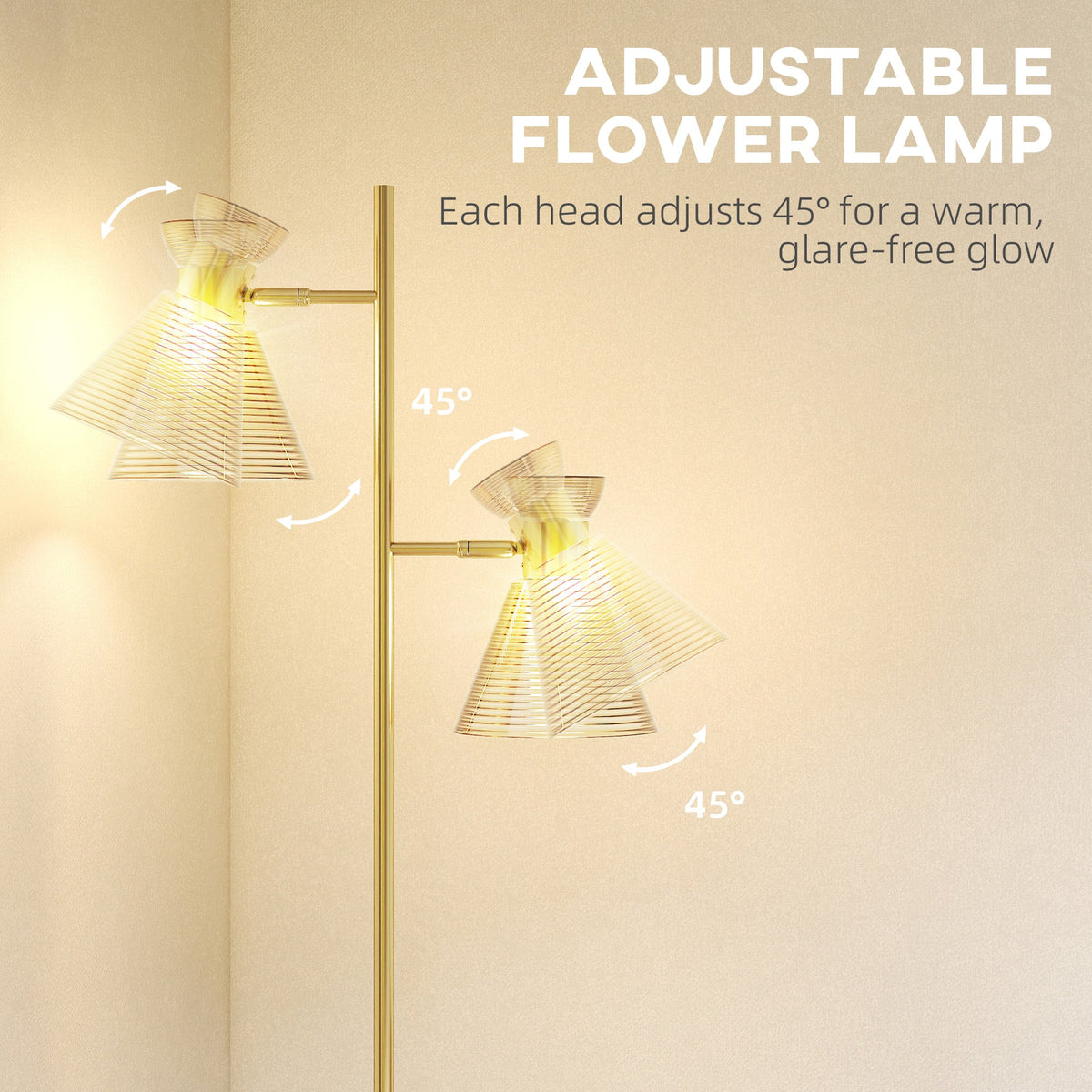 HOMCOM Floor Lamp with Adjustable Dual Head, Modern Standing Lamp with Floral Glass Shades and Foot Switch for Living Room Bedroom, E27 Socket, Bulb Not Included, Gold Tone