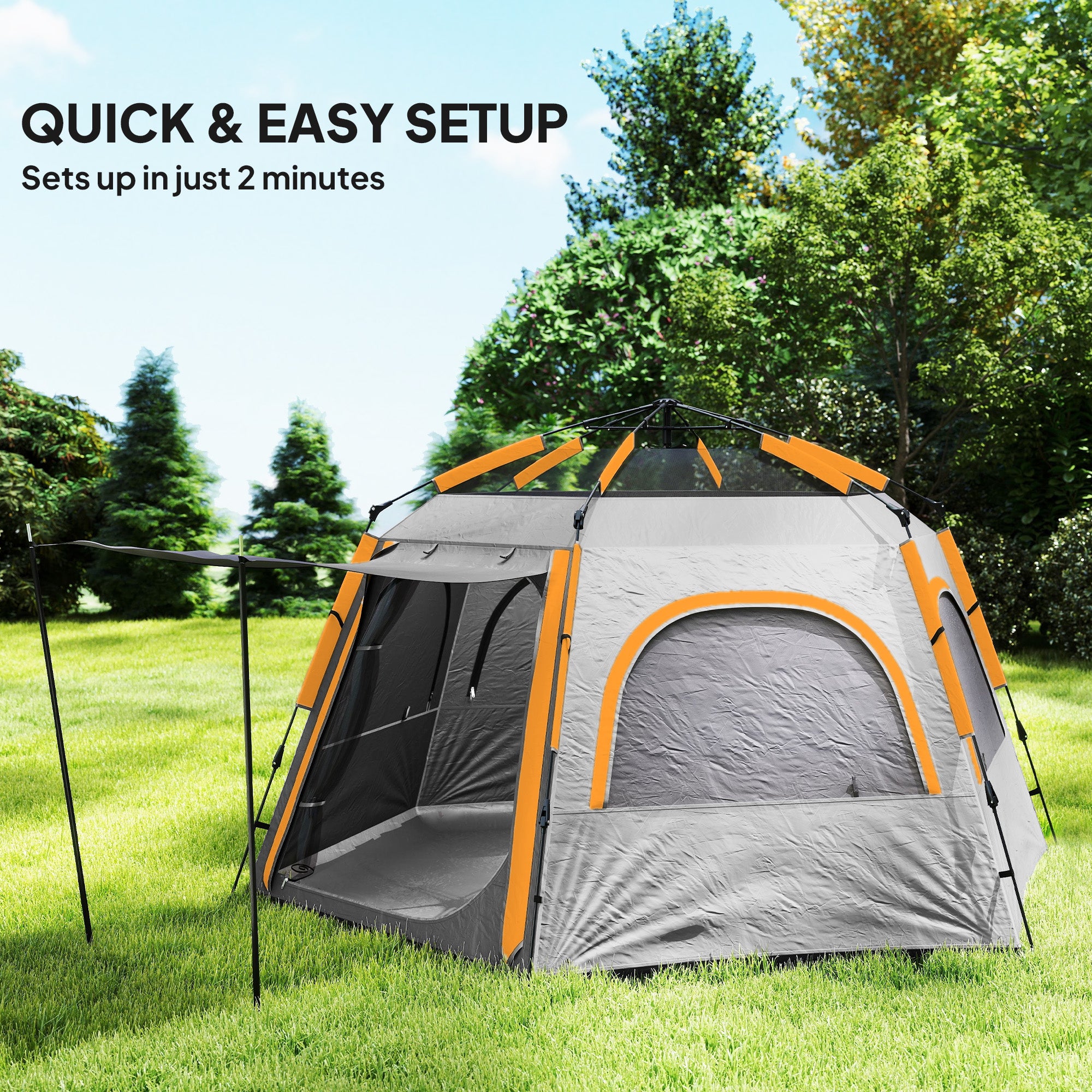 Outsunny Instant Pop Up Camping Tent, 2/3/4 Person Easy Setup Dome Family Tent with Vestibule, Rainfly, 4 Mesh Windows & 2 Doors, Hexagonal Design, Waterproof & UV Protected, Light Grey