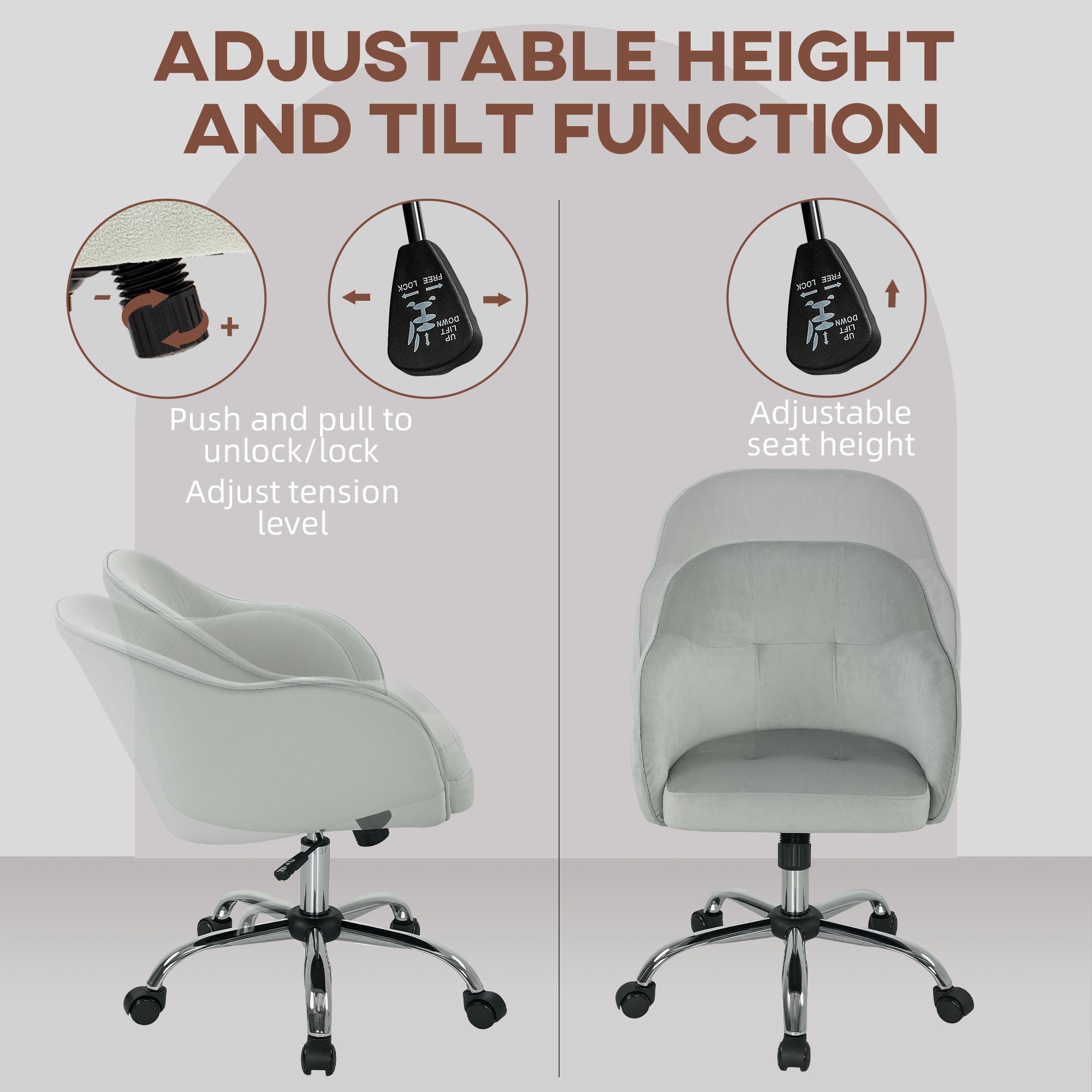 HOMCOM 46-56 cm Velvet-feel Office Chair - Grey