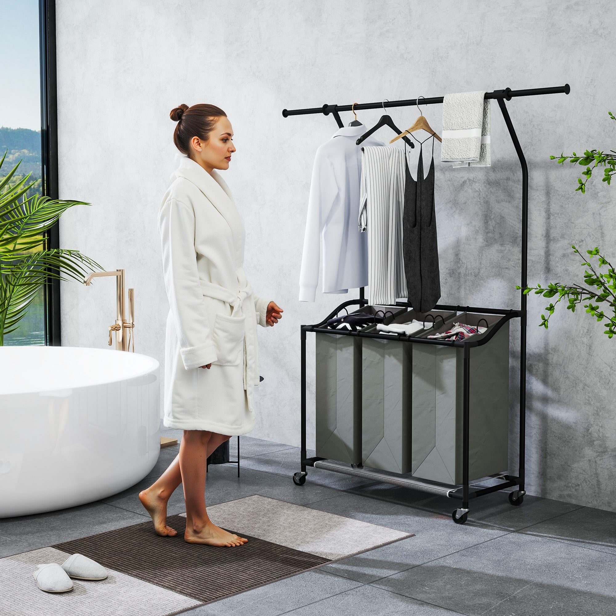 HOMCOM 3x 42L Laundry Basket Unit, with Hanging Rail - Black/Grey