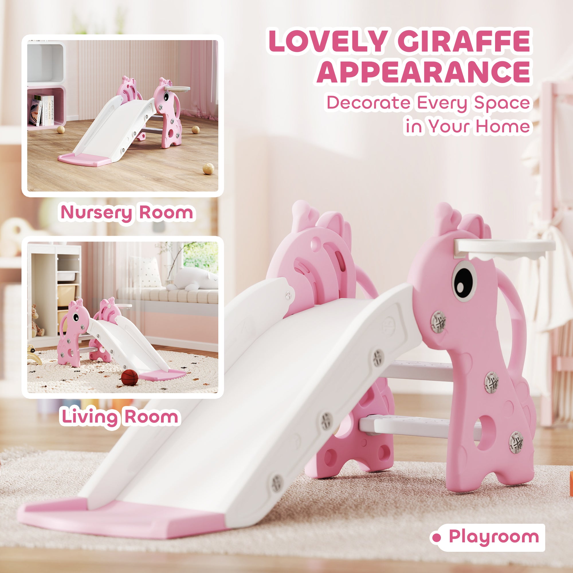 AIYAPLAY 3 in 1 Kids Slide with Climber, Basketball Hoop and Ball, Giraffe Shape Climber Slide for Indoor Kids Age 1-3, Pink