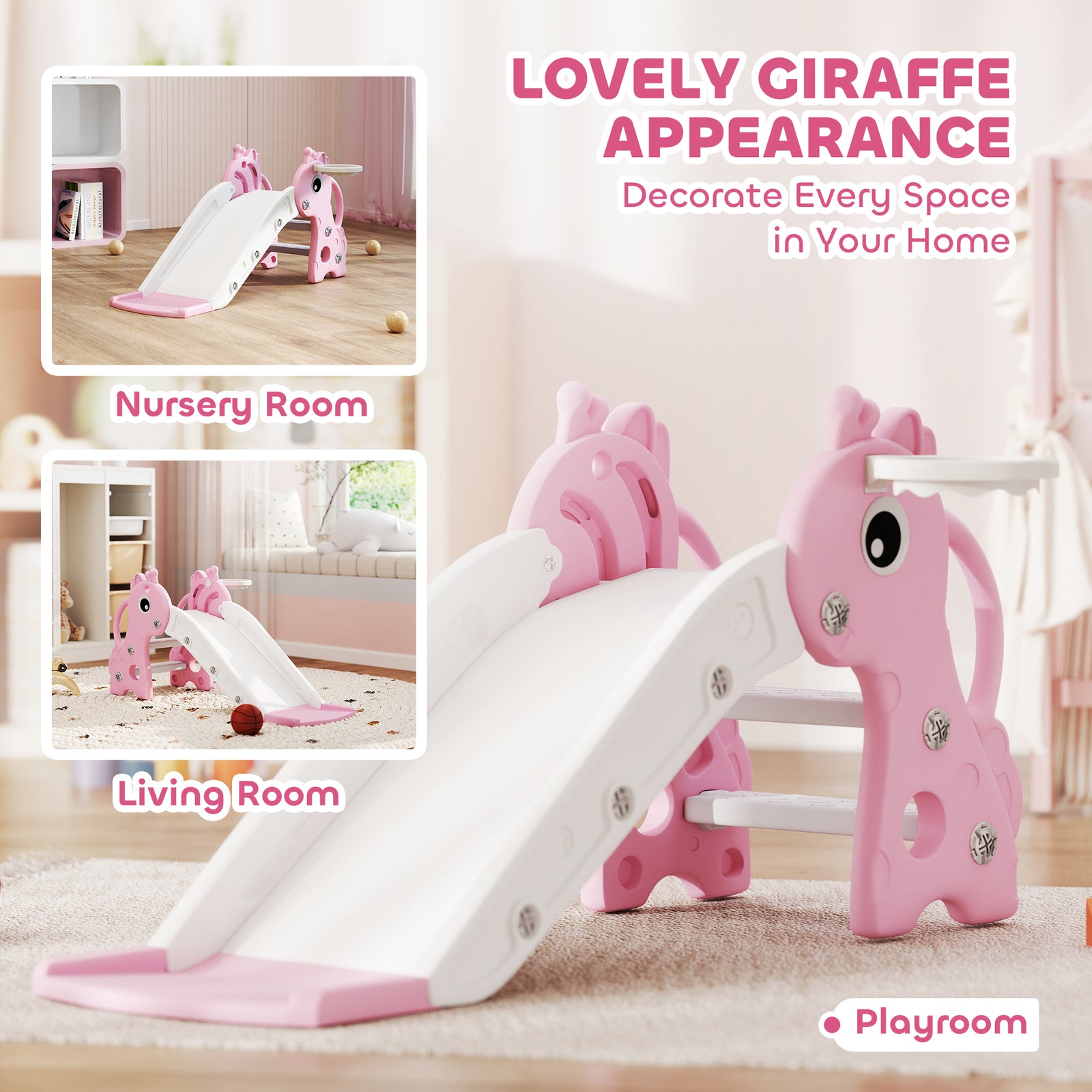 AIYAPLAY 3 in 1 Kids Slide with Climber, Basketball Hoop and Ball, Giraffe Shape Climber Slide for Indoor Kids Age 1-3, Pink