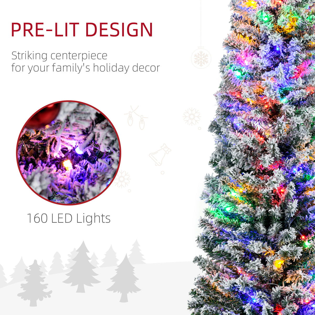 HOMCOM 6' Artificial Prelit Christmas Trees Holiday Décor with Colourful LED Lights, Flocked Tips, Berry, Pine Cone