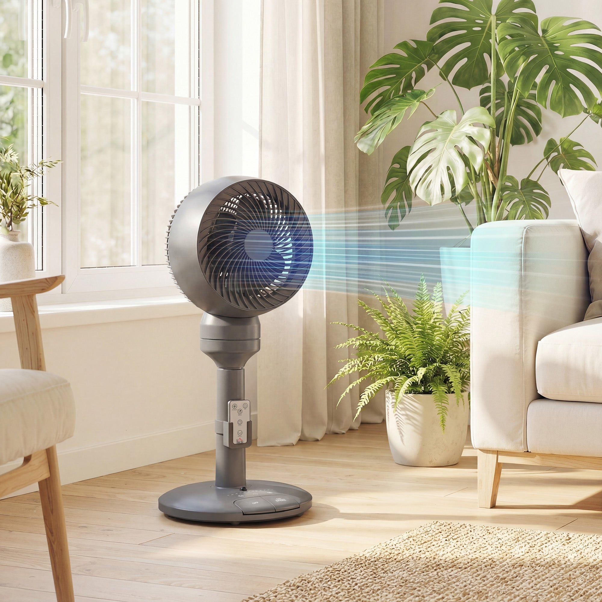 HOMCOM Air Circulator Fan Pedestal Cooling Fan with 3 Speed 3 Mode and Remote Control, 9 Inch, Grey