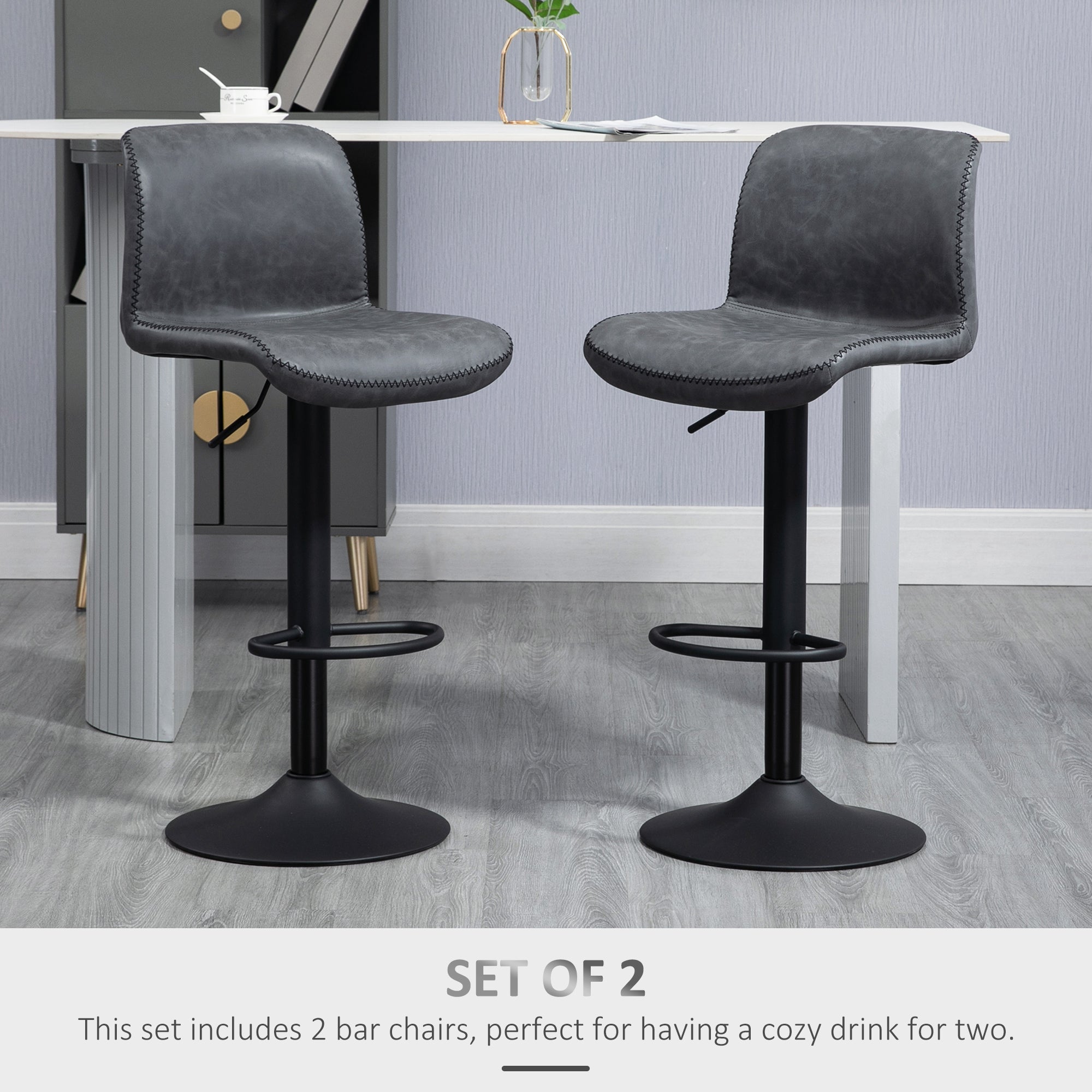 HOMCOM Set of 2 Bar Stool, Adjustable Height PU Leather Barstools with Swivel Seat and Footrest for Breakfast Bar, Kitchen and Home, Dark Grey