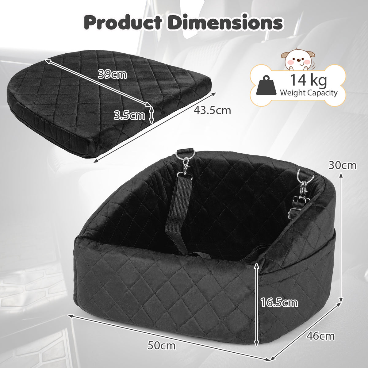 Dog Car Seat for Small Medium Pets with Safety Straps and Side Storage Pockets-Black