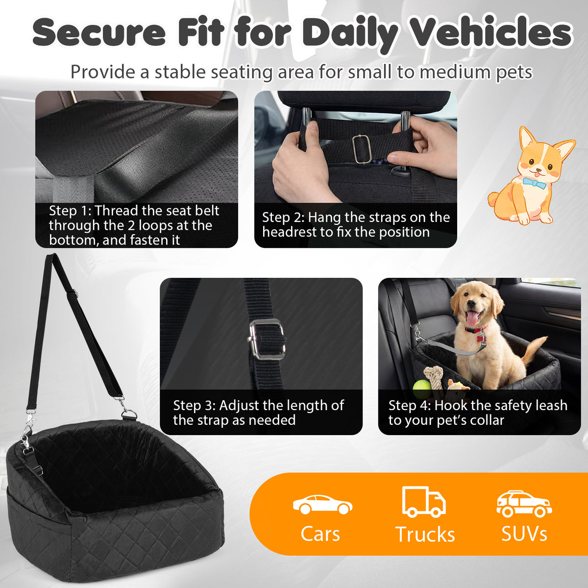 Dog Car Seat for Small Medium Pets with Safety Straps and Side Storage Pockets-Black