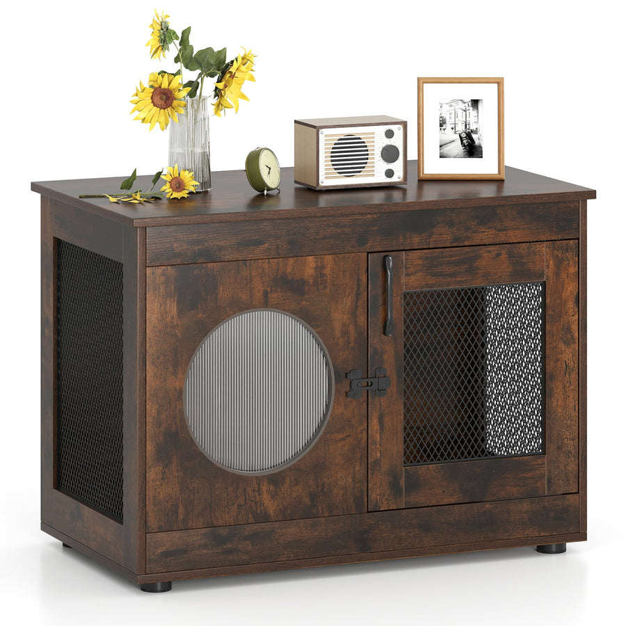 Dog Crate Furniture with Metal Mesh & Translucent Window for Small Medium Dogs-Rustic Brown