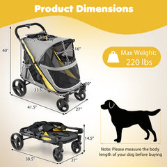 Dog Stroller for Large Dogs with One-Step Brake & Mesh Windows and Storage Bag-Yellow