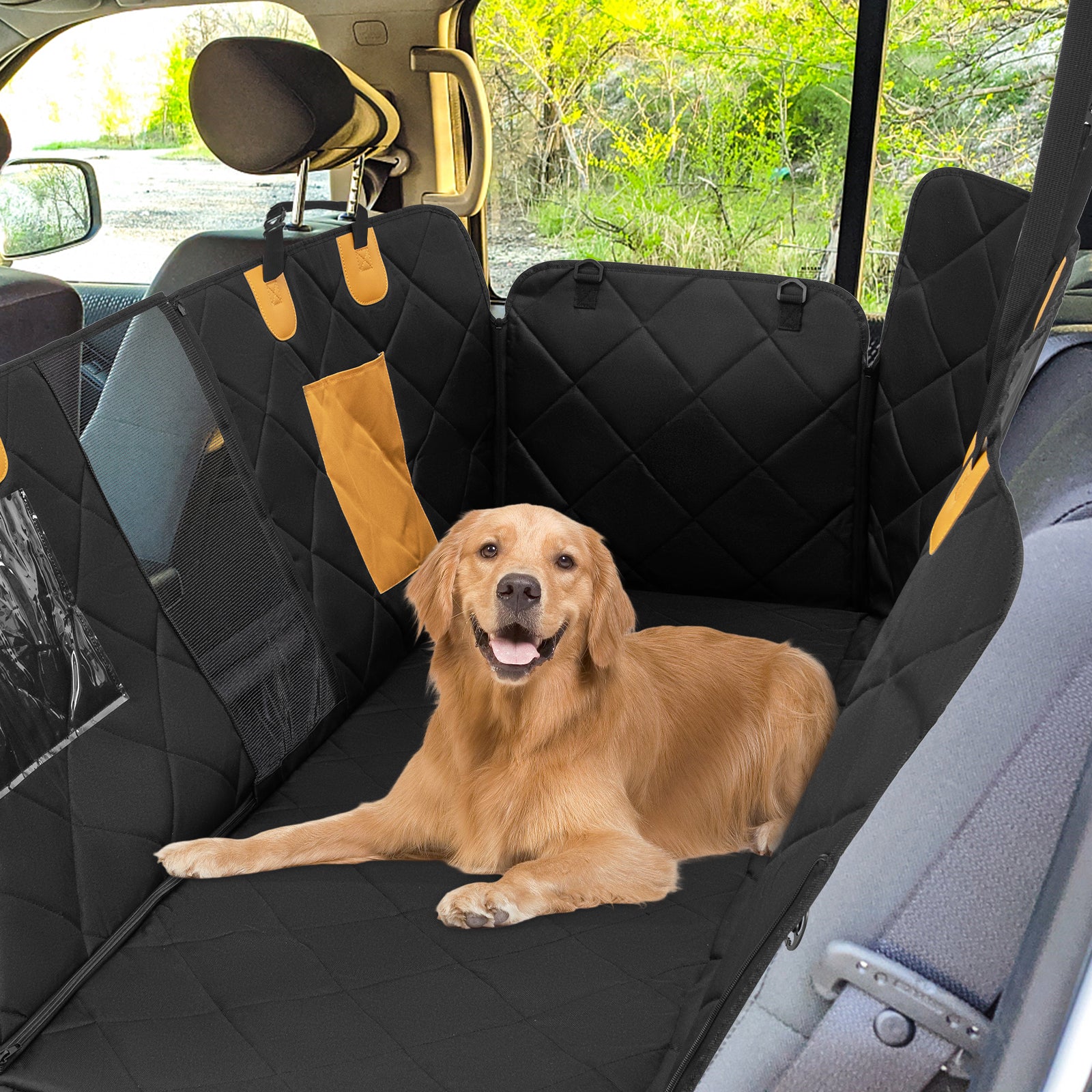 Waterproof Dog Car Seat Cover for Back Seat with Mesh Windows-Black