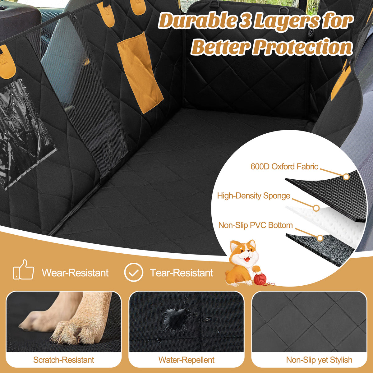 Waterproof Dog Car Seat Cover for Back Seat with Mesh Windows-Black
